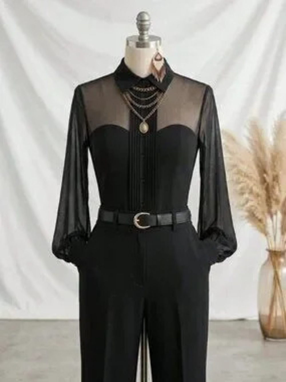 Black Elegant Women's Slim Fit Long Sleeve Plain Shirt